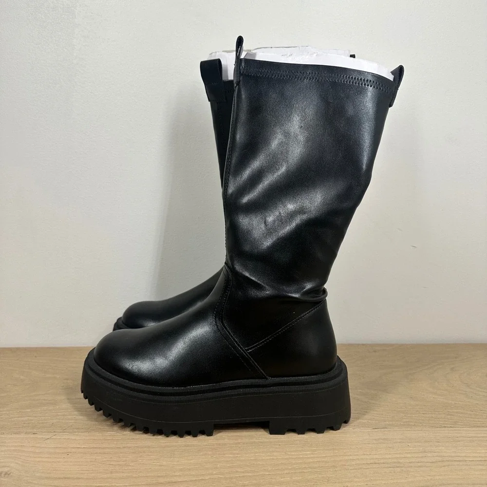 NWT Zara Boots Kids 2 Black Mid Calf Chunky Platform Lug Sole Moto Combat